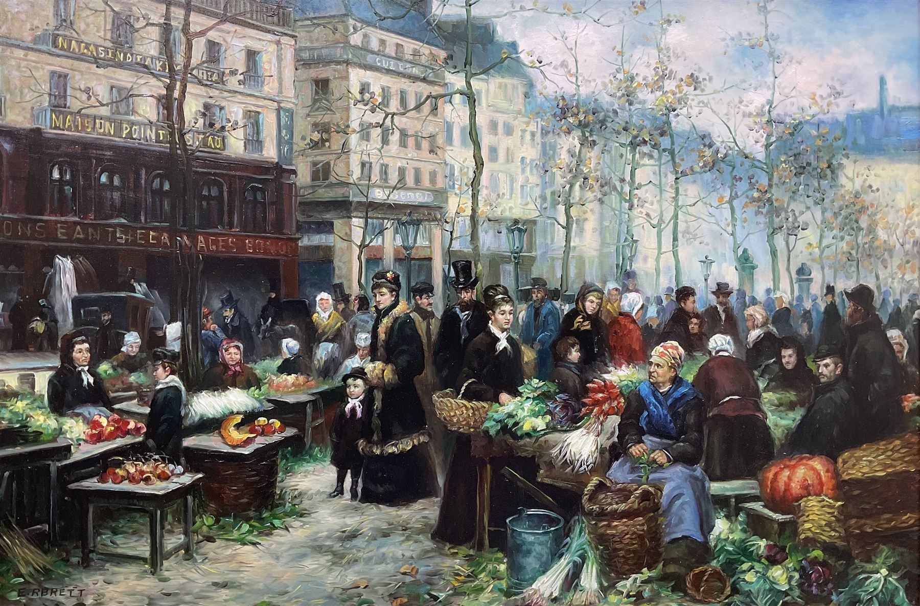 E R Brett (Continental 20th century): French Market Scene