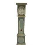 Painted longcase clock - with a flat topped pediment and break arch hood door