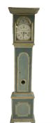 Painted longcase clock - with a flat topped pediment and break arch hood door