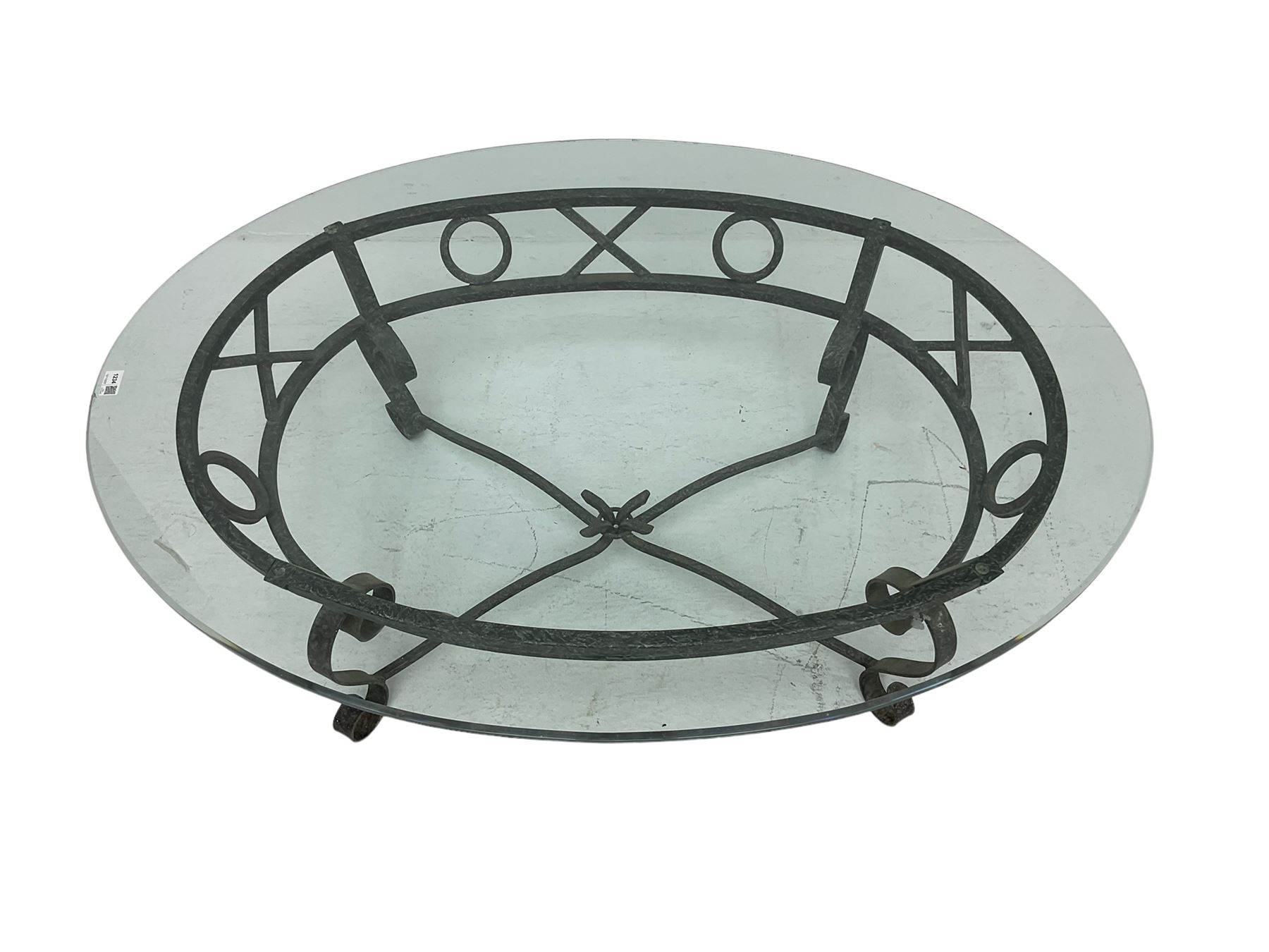 Wrought metal and glass top oval coffee table - Image 3 of 4