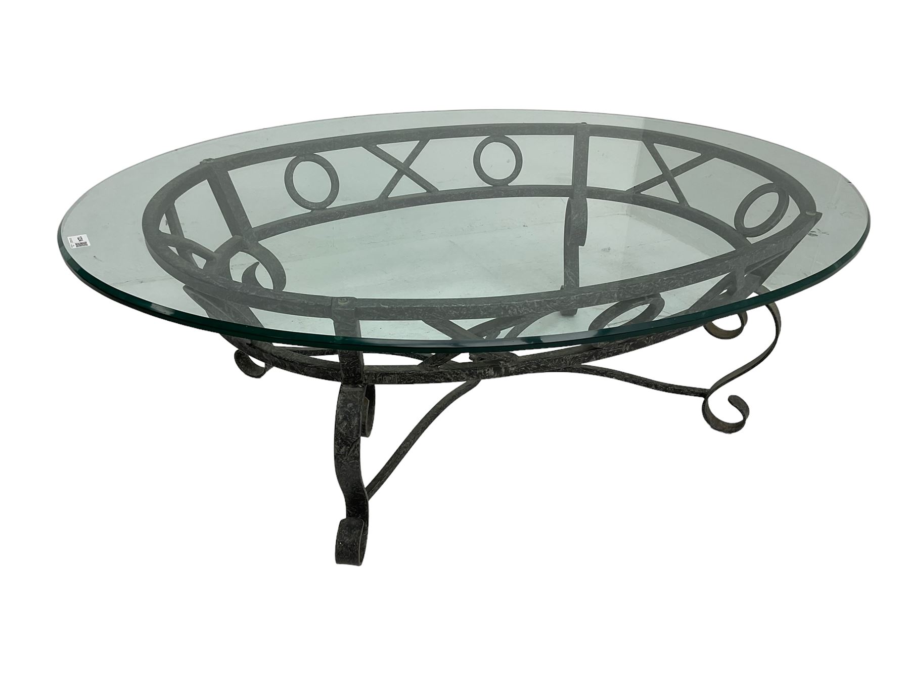 Wrought metal and glass top oval coffee table