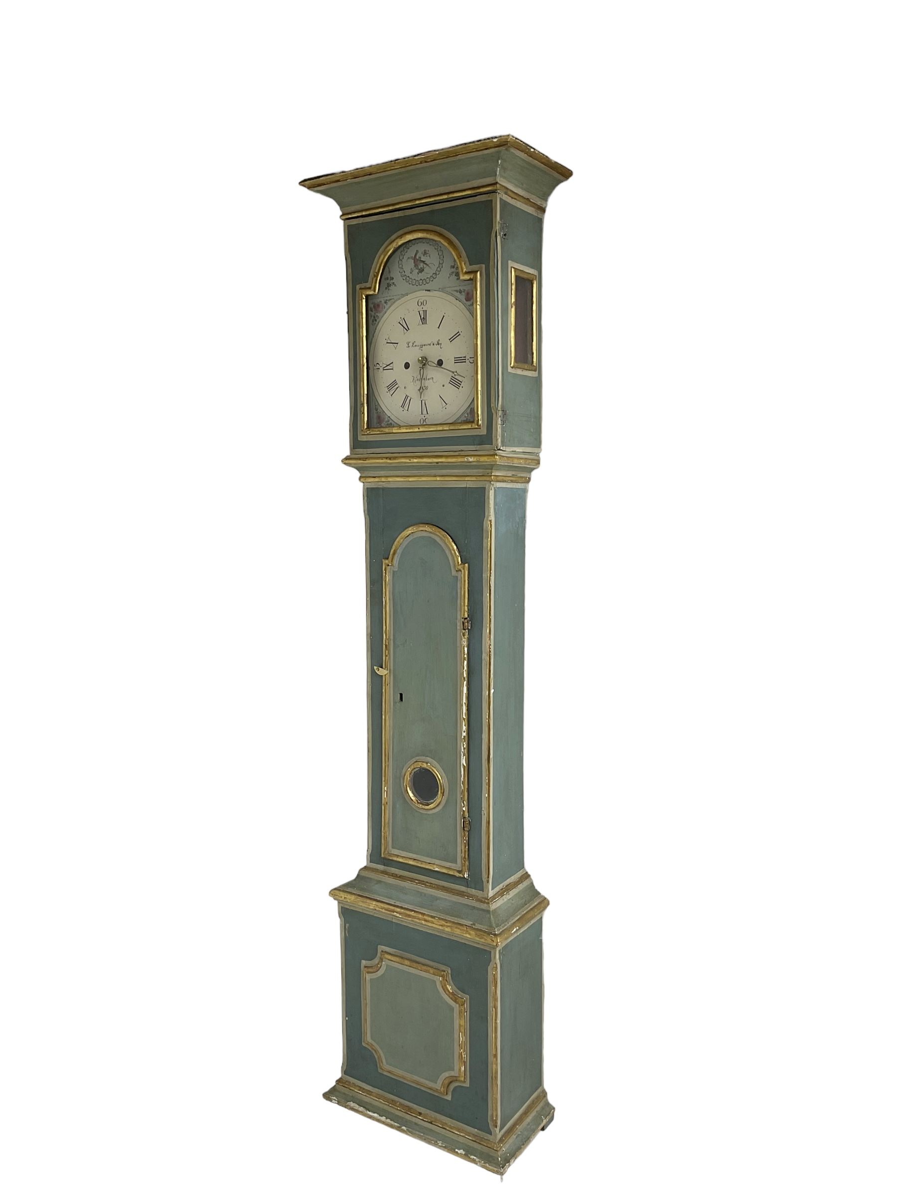 Painted longcase clock - with a flat topped pediment and break arch hood door - Image 2 of 5