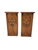 Pair Arts & Crafts carved oak cupboards