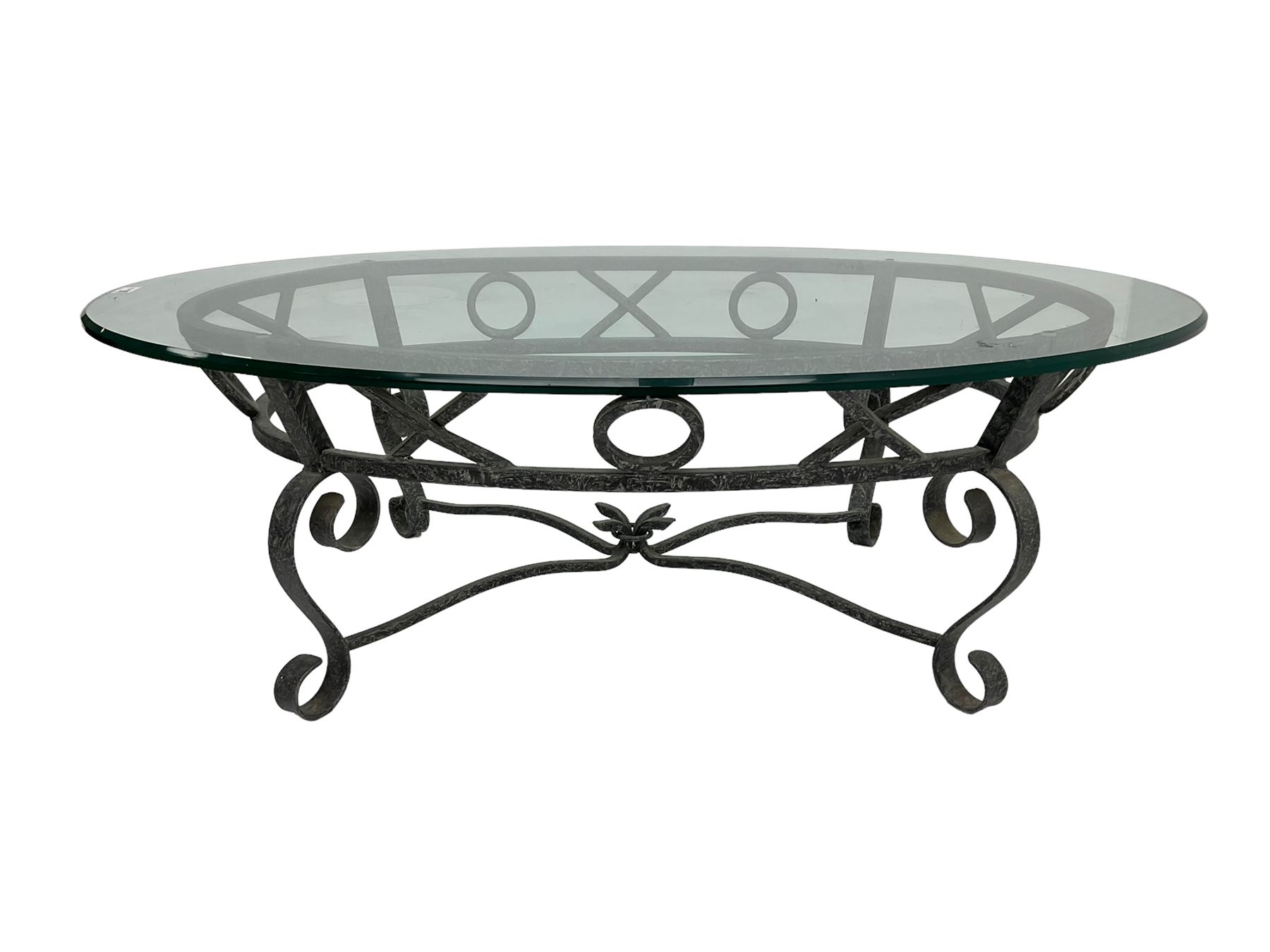 Wrought metal and glass top oval coffee table - Image 2 of 4