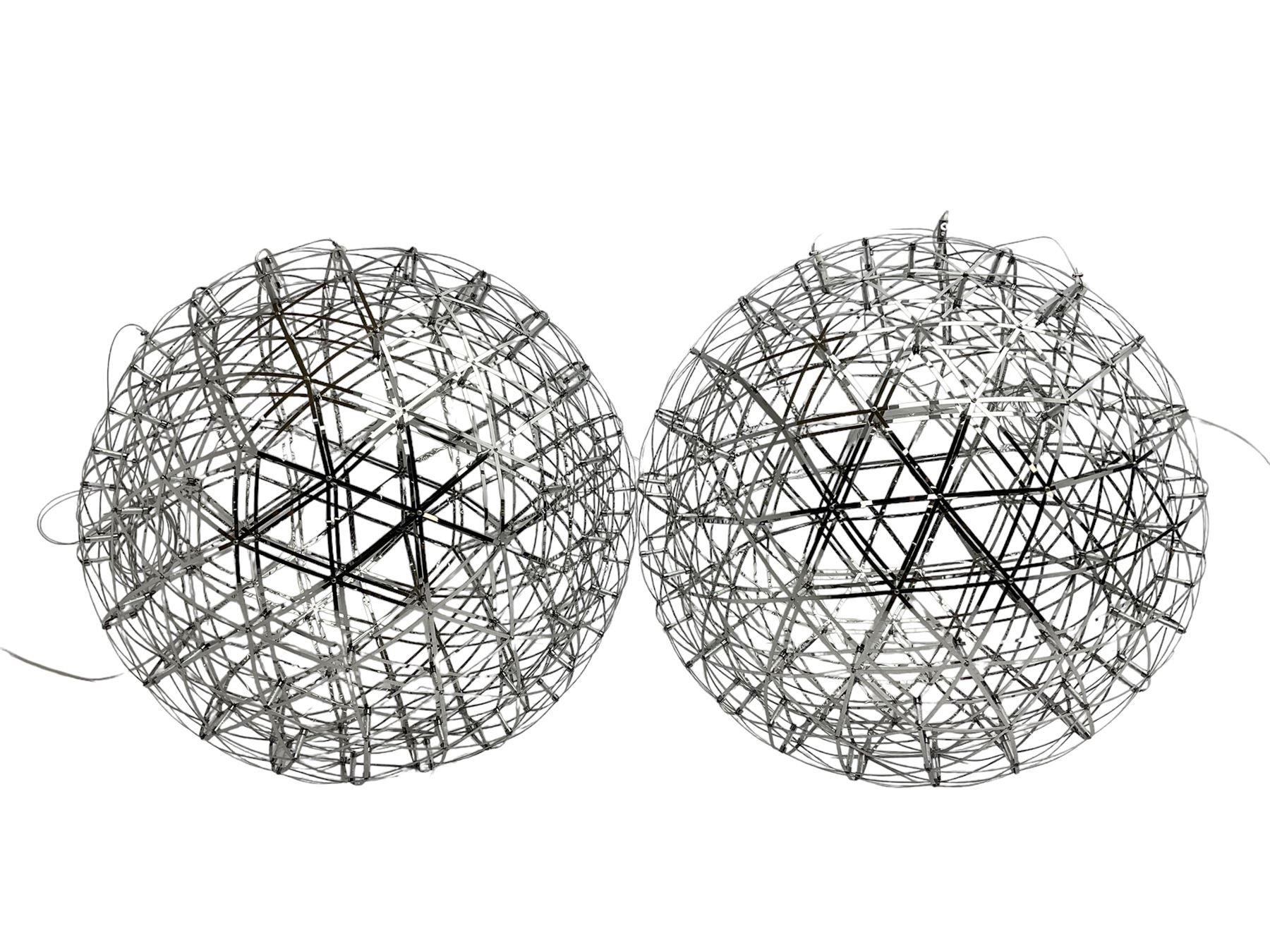Pair polished metal spherical cage LED light fittings - Image 2 of 3