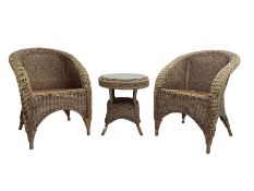 Conservatory suite - pair rattan tub armchairs (W60cm H82cm) and rattan circular side table with und