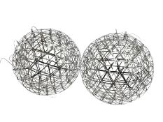 Pair polished metal spherical cage LED light fittings