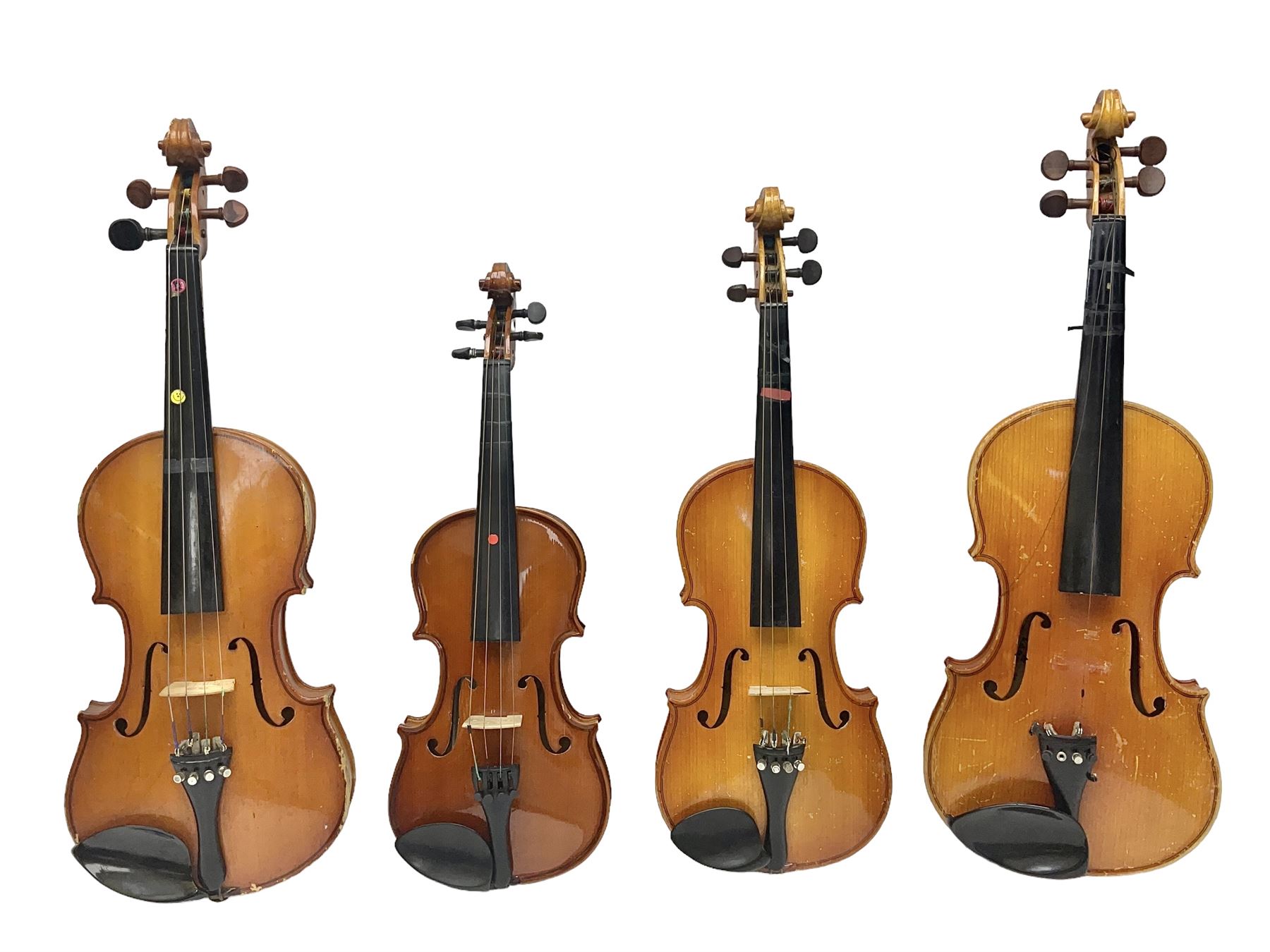 Four Chinese graduated violins - full size with 35.5cm two-piece back; three-quarter size with 33.5c