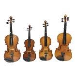 Four Chinese graduated violins - full size with 35.5cm two-piece back; three-quarter size with 33.5c