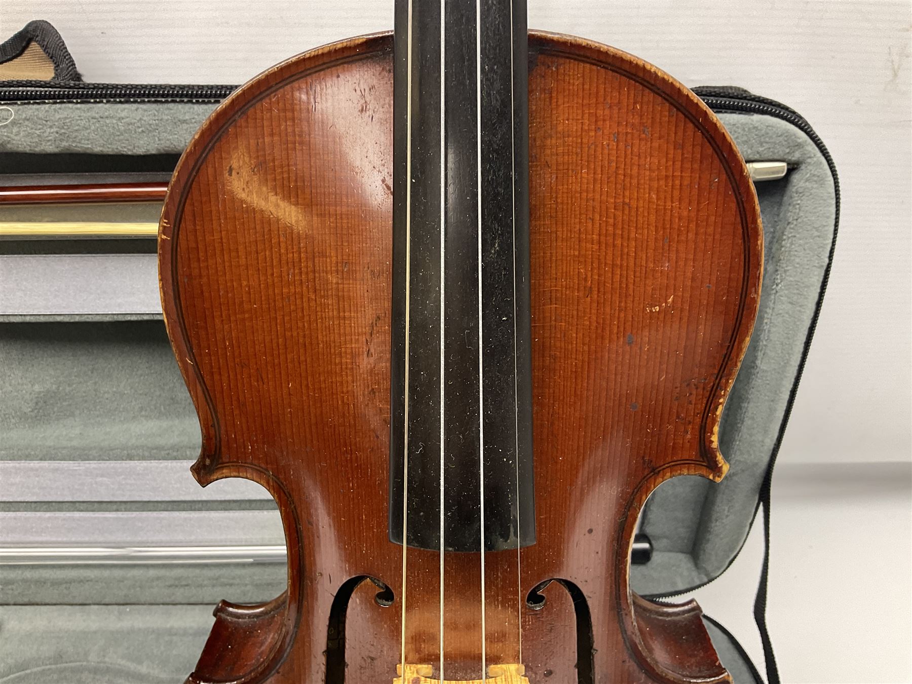 Early 20th century French Mirecourt violin with 35.5cm two-piece maple back and ribs and spruce top; - Image 3 of 22