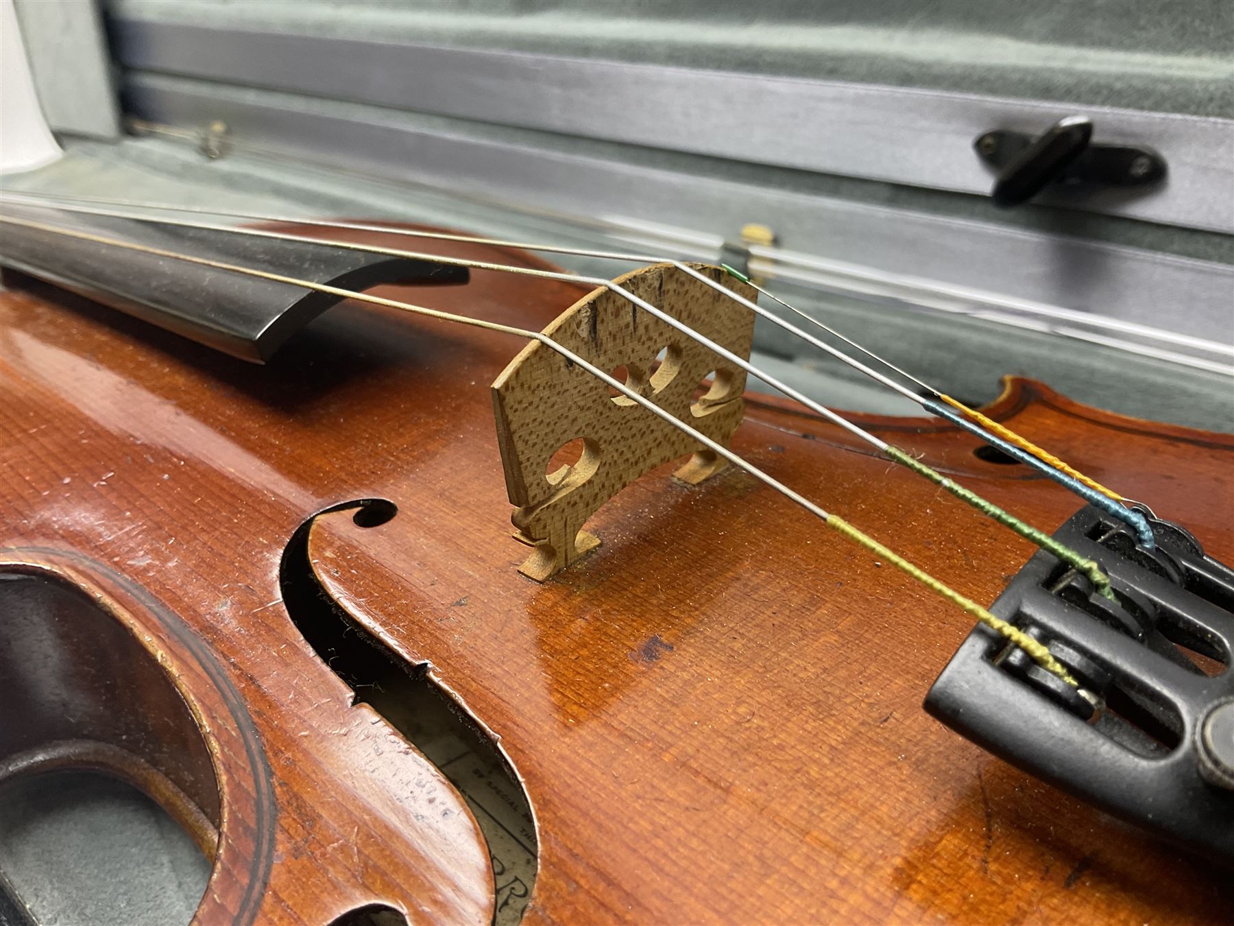 Early 20th century French Mirecourt violin with 35.5cm two-piece maple back and ribs and spruce top; - Image 15 of 22