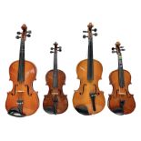 Four student violins - two Chinese three-quarter size with 33.5cm and 34cm two-piece backs; Stringer