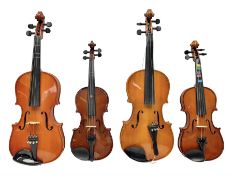 Four student violins - two Chinese three-quarter size with 33.5cm and 34cm two-piece backs; Stringer