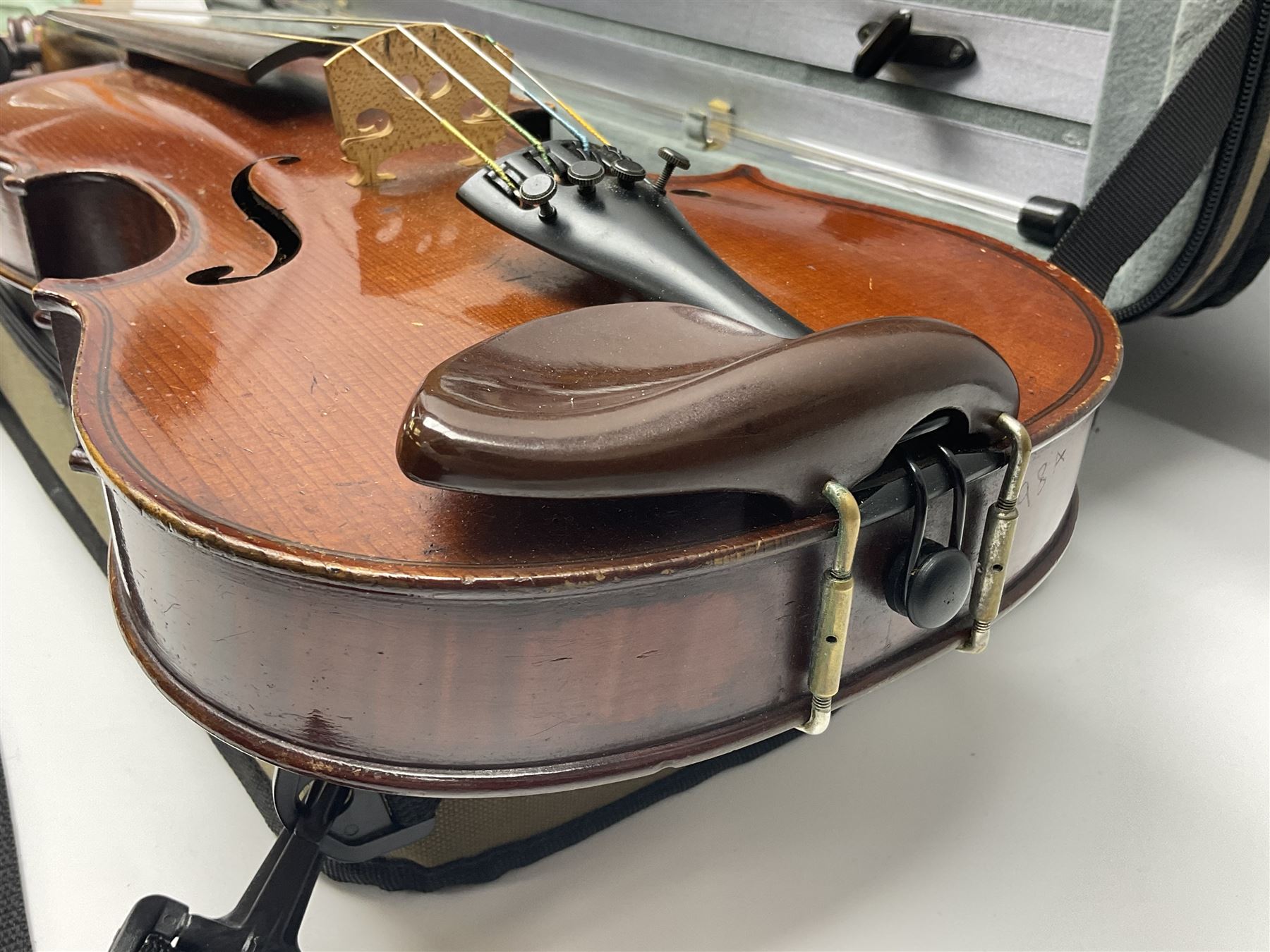 Early 20th century French Mirecourt violin with 35.5cm two-piece maple back and ribs and spruce top; - Image 14 of 22