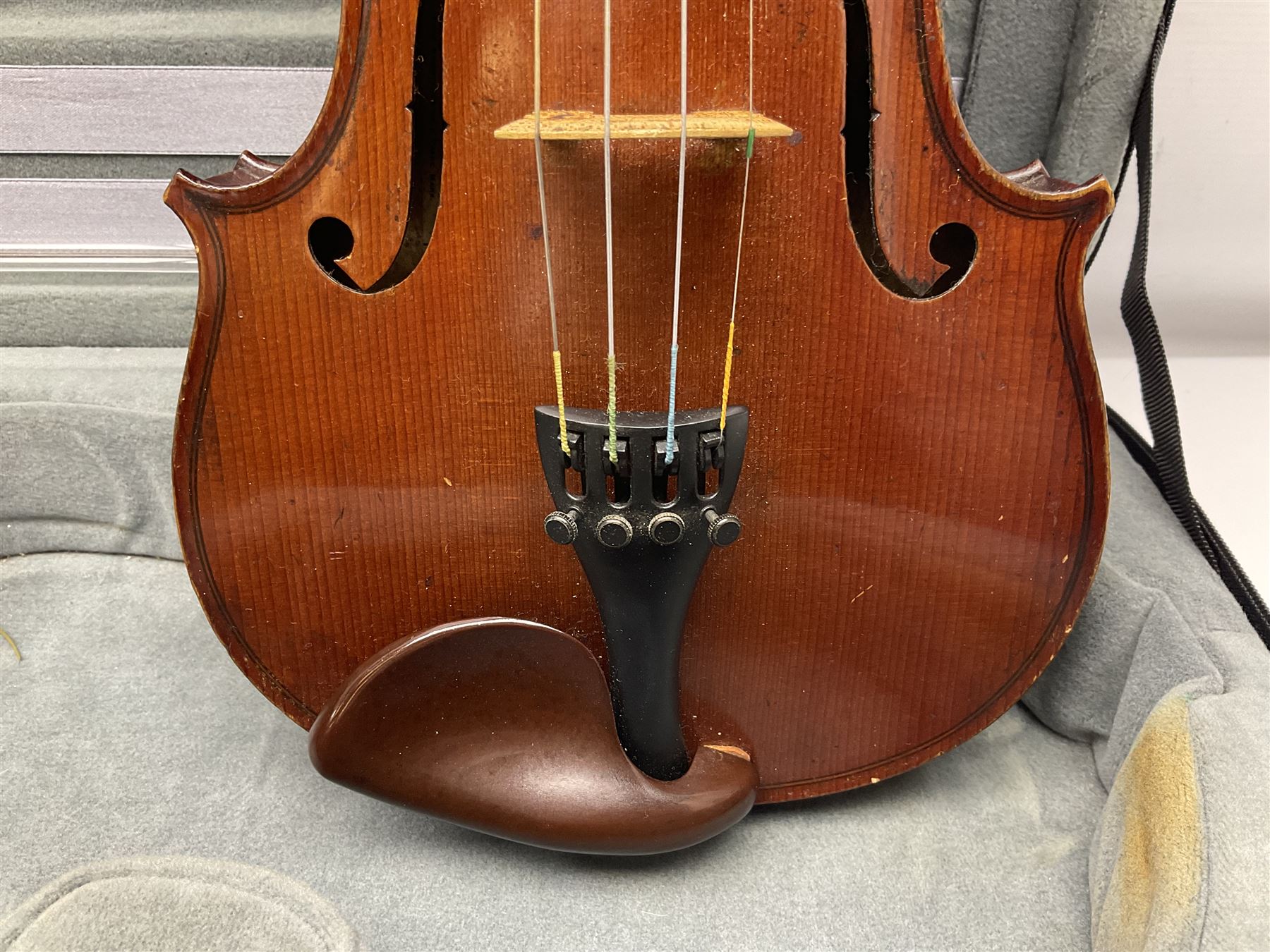 Early 20th century French Mirecourt violin with 35.5cm two-piece maple back and ribs and spruce top; - Image 11 of 22