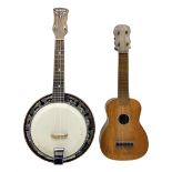 Trumelo BMI banjo ukulele no.3013 L58cm; in soft carrying case; and Kapok Brand guitar shaped ukulel