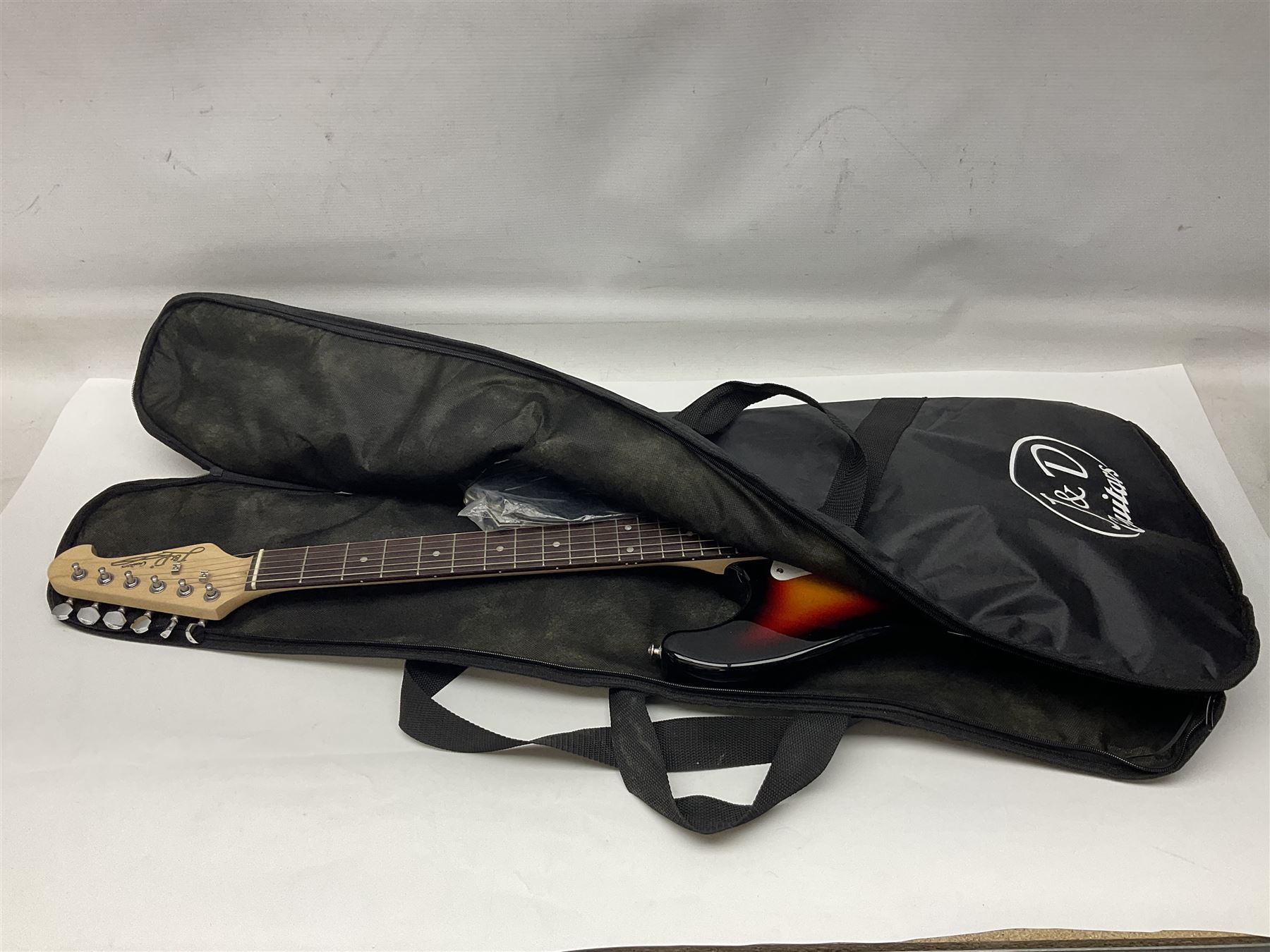 J & D Guitars cut-away electric six-string guitar with three-colour sunburst finish L99cm; in carryi - Image 26 of 26