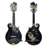 Eastern F-hole eight-string mandolin with black finish and mother-of-pearl inlay of a man riding a w