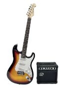 J & D Guitars cut-away electric six-string guitar with three-colour sunburst finish L99cm; in carryi