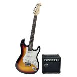 J & D Guitars cut-away electric six-string guitar with three-colour sunburst finish L99cm; in carryi