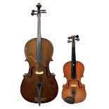 Stentor Student I quarter size cello with 59.5cm two-piece maple back and ribs and spruce top; bears