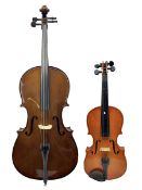 Stentor Student I quarter size cello with 59.5cm two-piece maple back and ribs and spruce top; bears