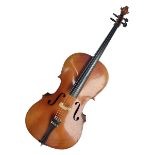 German half-size cello with 69cm two-piece maple back and ribs and spruce top; L112.5cm overall; in