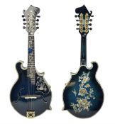 Eastern eight-string F-hole mandolin with blue sunburst finish and mother-of-pearl inlay of flowers