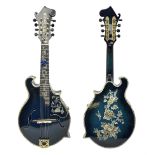 Eastern eight-string F-hole mandolin with blue sunburst finish and mother-of-pearl inlay of flowers