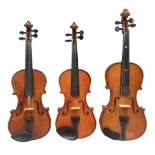 Three Primavera student violins - half-size with 31cm two-piece back; and two quarter-size each with
