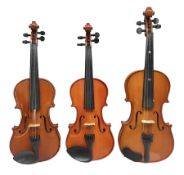 Three Primavera student violins - half-size with 31cm two-piece back; and two quarter-size each with