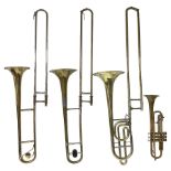 Three brass trombones comprising Elkhart Ind. USA 'CONN' model no.72H; Besson 'Concord'; and Selmer