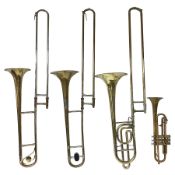 Three brass trombones comprising Elkhart Ind. USA 'CONN' model no.72H; Besson 'Concord'; and Selmer