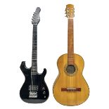 Encore black electric cut-away guitar L96cm; and Spanish Victor Garcia model 187 acoustic guitar