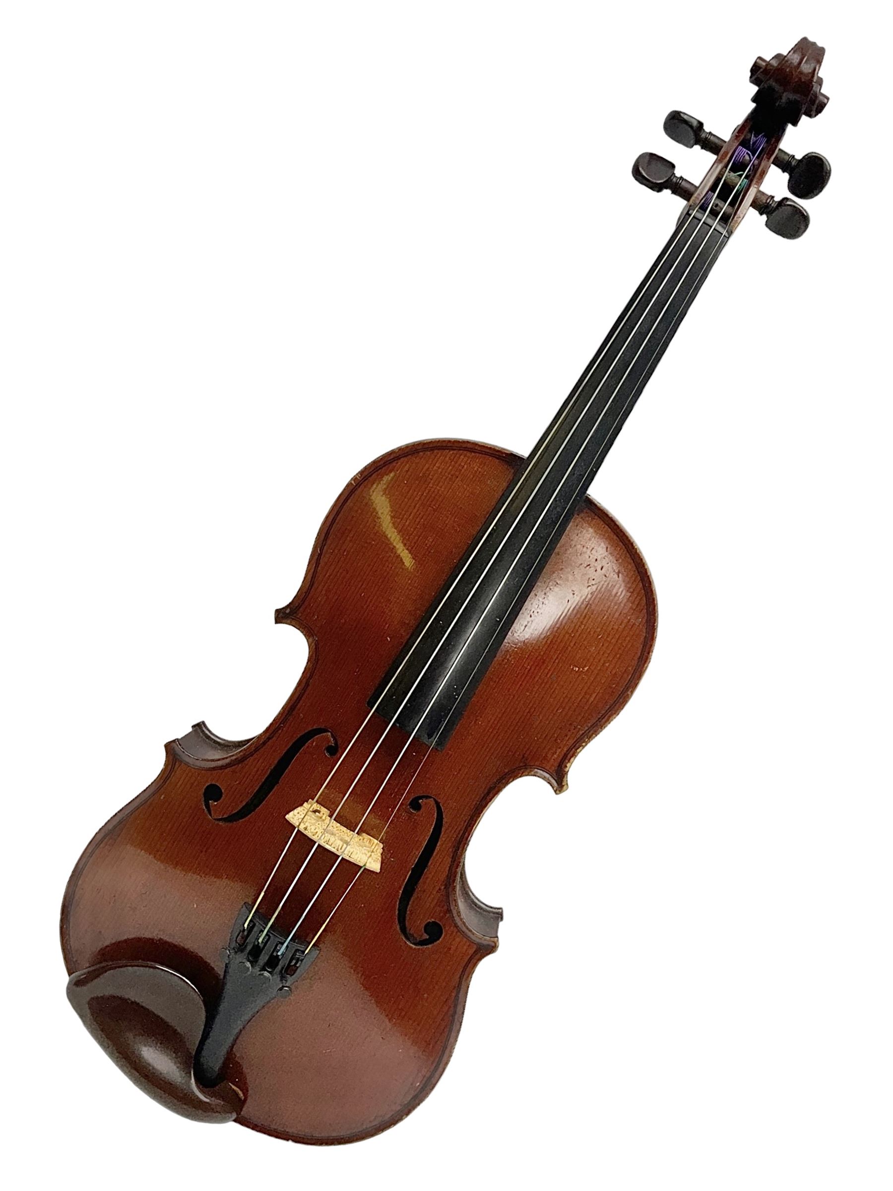 Early 20th century French Mirecourt violin with 35.5cm two-piece maple back and ribs and spruce top;