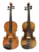 Two three-quarter size violins - German Saxony with 34cm one-piece maple back and ribs and spruce to