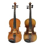 Two three-quarter size violins - German Saxony with 34cm one-piece maple back and ribs and spruce to