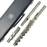 Rudall Carte & Co Ltd hallmarked silver three-piece flute; inscribed Rudall Carte & Co Ltd London No