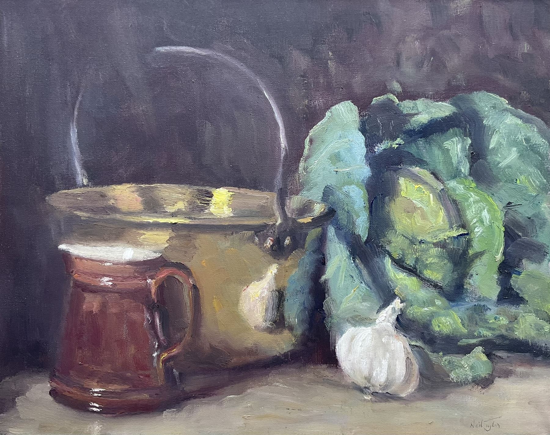 Neil Tyler (British 1945-): Still Life - 'Brass Pan Cabbage and Garlic'