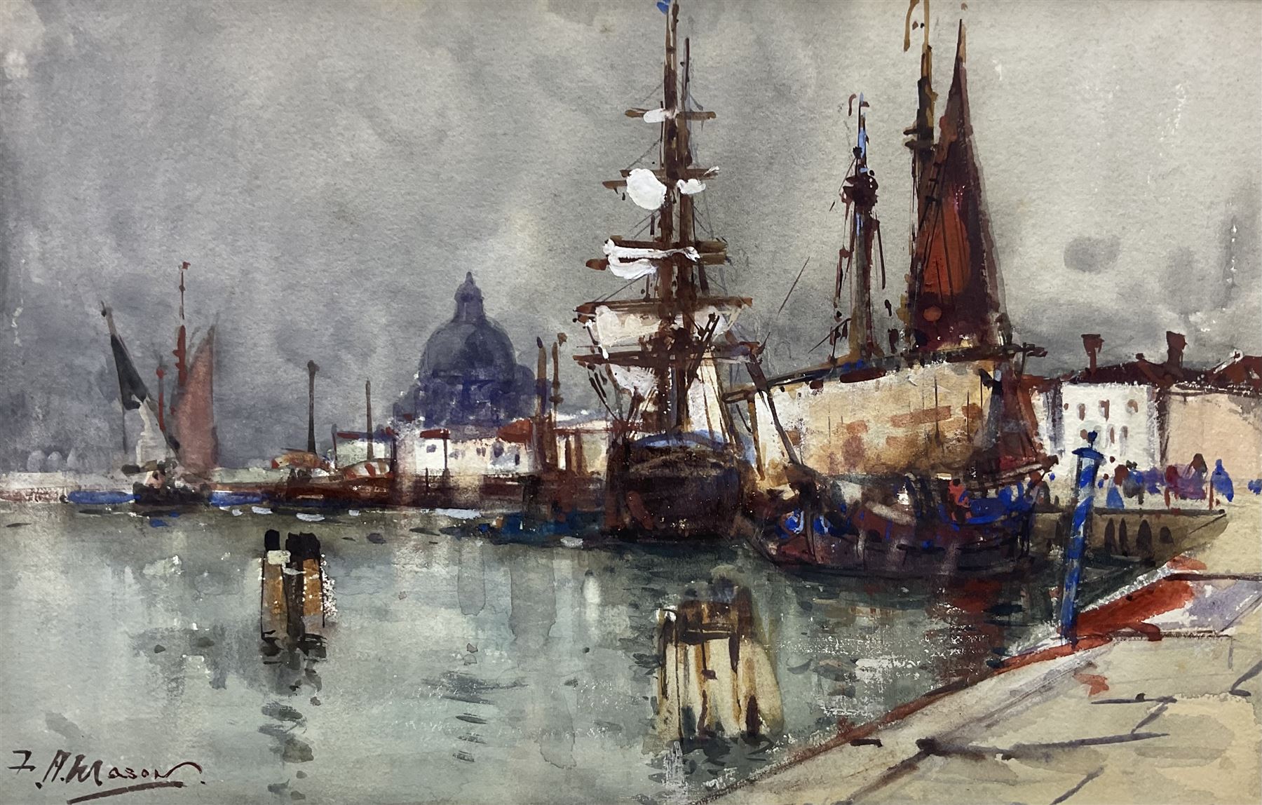 Frank Henry Mason (Staithes Group 1875-1965): Venetian Boats looking towards the Santa Maria della S