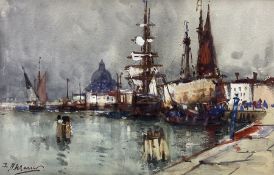 Frank Henry Mason (Staithes Group 1875-1965): Venetian Boats looking towards the Santa Maria della S