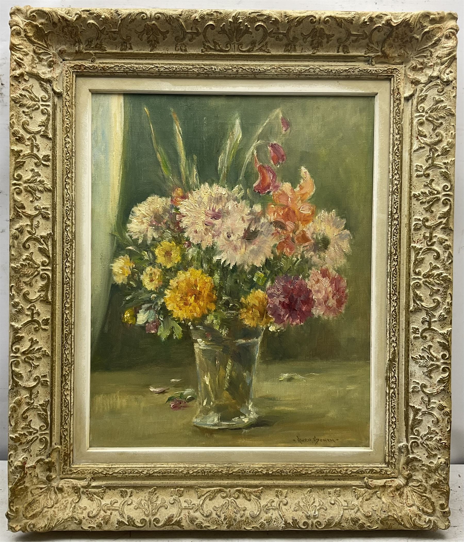 Owen Bowen (Staithes Group 1873-1967): Still Life with Chrysanthemums - Image 2 of 4