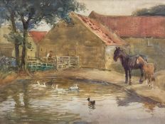 John Atkinson (Staithes Group 1863-1924): Horse and Foal by the Duck Pond