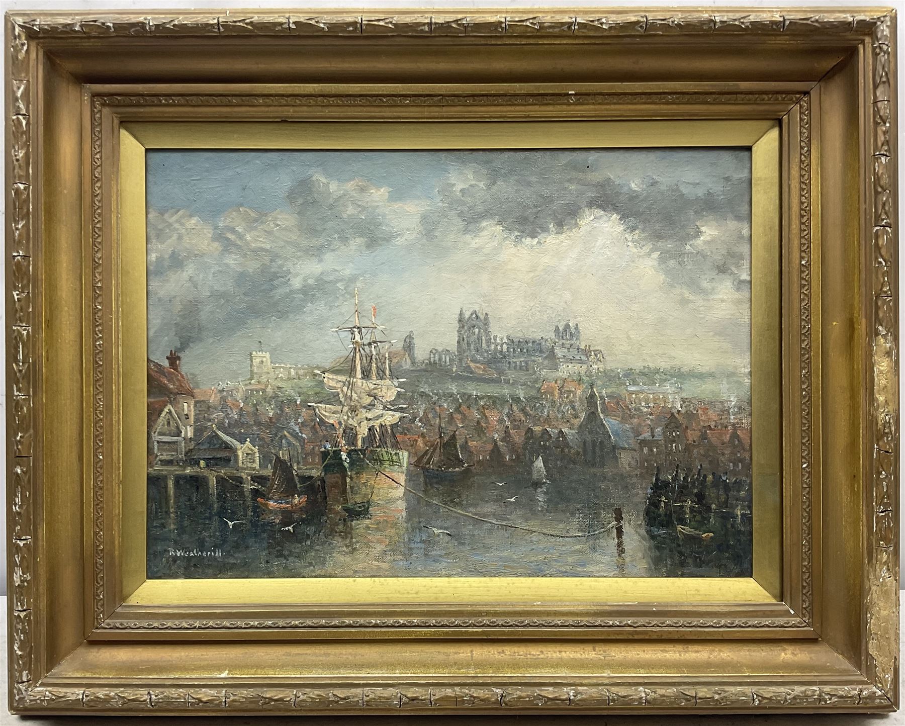Richard Weatherill (British 1844-1913): Whitby Harbour and Abbey from Dock End - Image 2 of 4