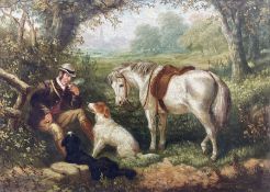 Edward Benjamin Herberte (British 1857-1893): Landscape with Horseman and Dog resting under Trees