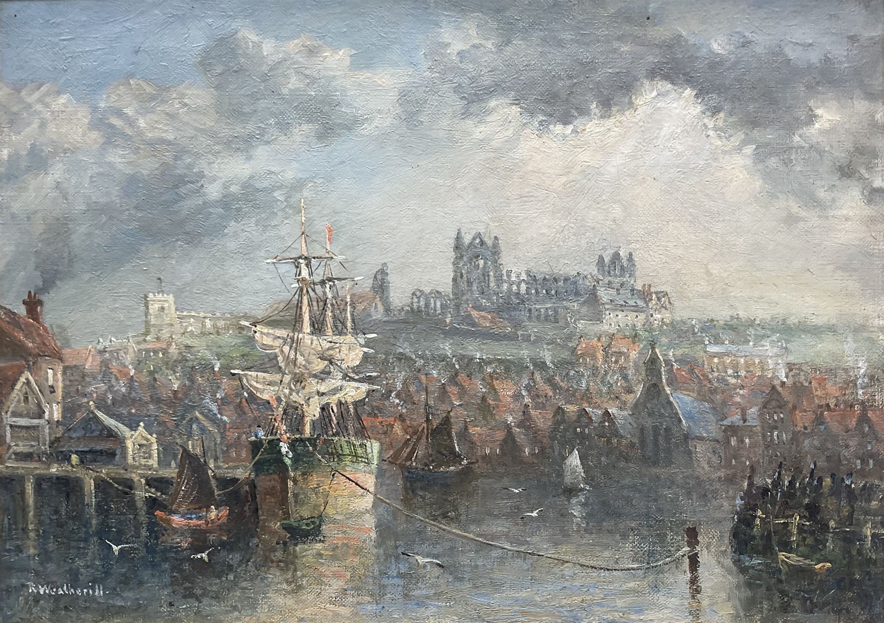 Richard Weatherill (British 1844-1913): Whitby Harbour and Abbey from Dock End