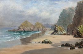 J Muller (British late 19th century): Lion Rock at Watergate - Newquay