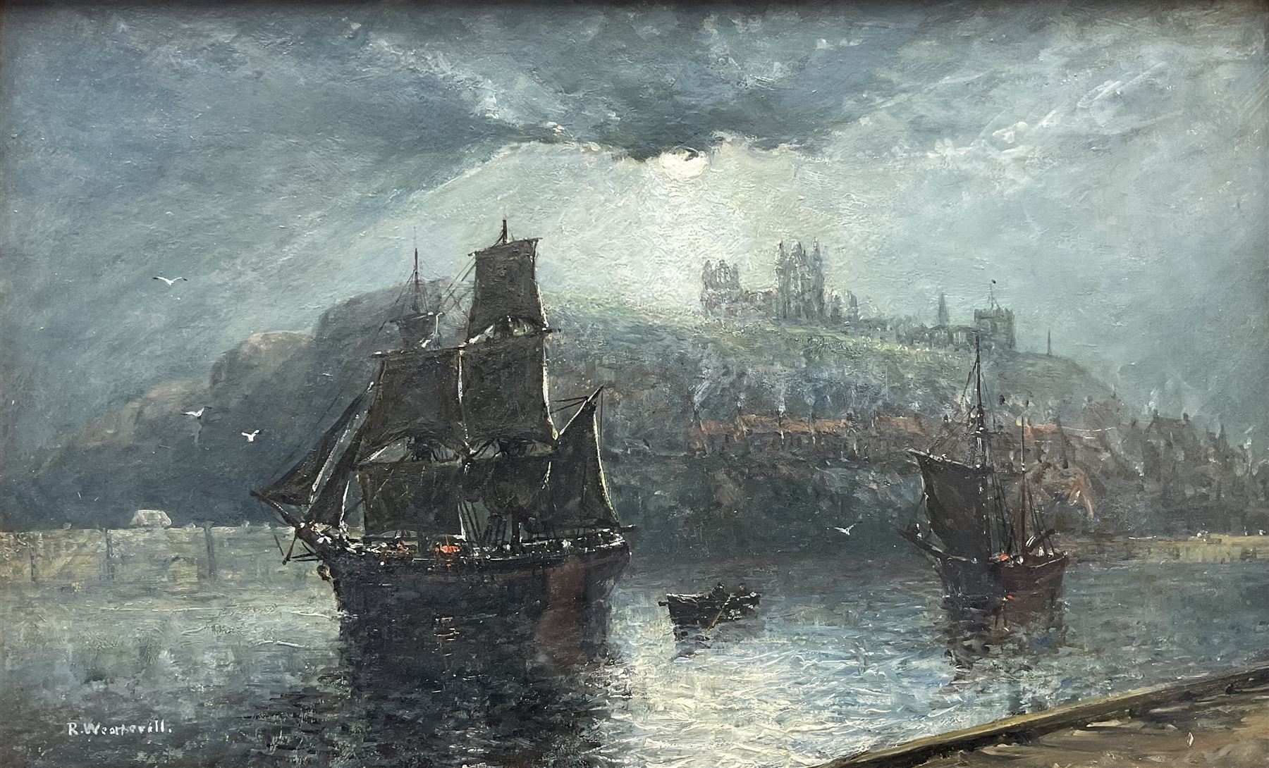 Richard Weatherill (British 1844-1913): Ships leaving Whitby Harbour by Moonlight