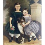 English Primitive / Na�ve School (19th century): Two Girls with their Dog