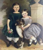 English Primitive / Na�ve School (19th century): Two Girls with their Dog